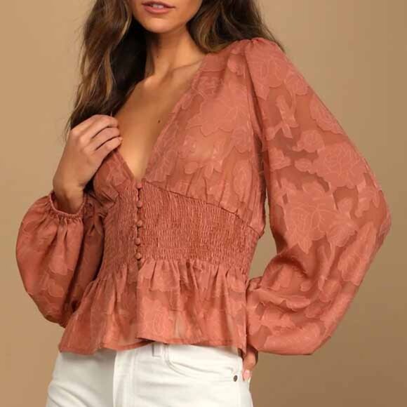 Lulus Tops - NEW Lulus Patio Date Rusty Rose Floral Jacquard Button-Up Long Sleeve Top L NWT